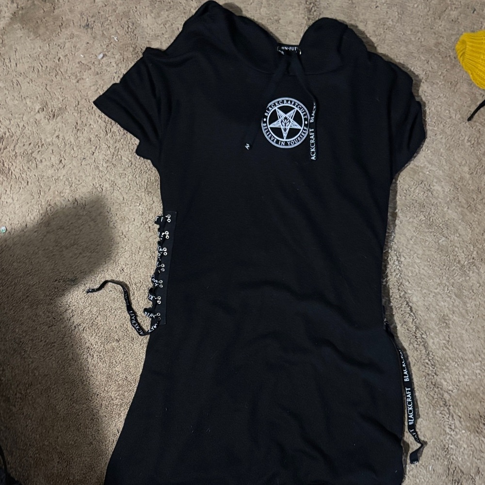 Black Hooded Dress with Lace-Up Sides